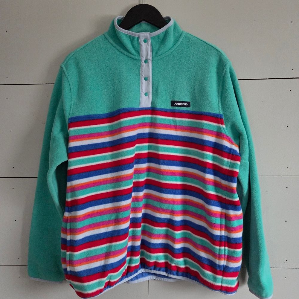 Lands' End Women's XL Striped Fleece Pullover Sweater Green Mock Neck NWOT